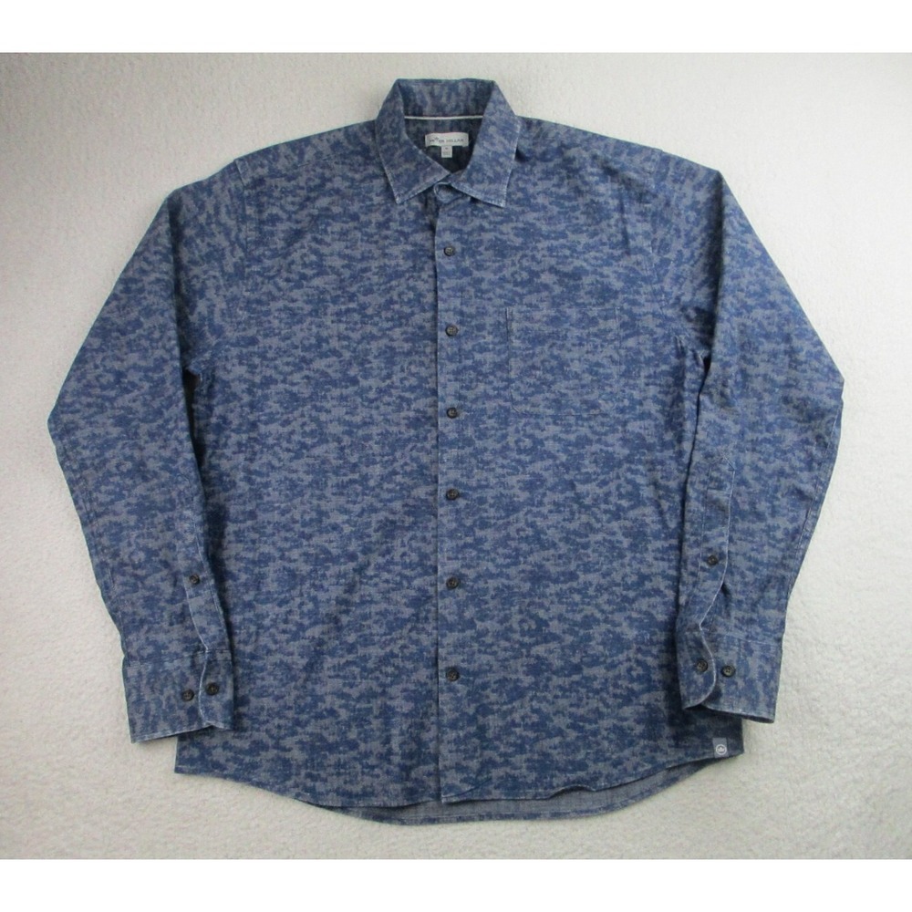 Peter Millar Crown Shirt Mens M Blue Fir Camo Chambray Long Sleeve Button Up